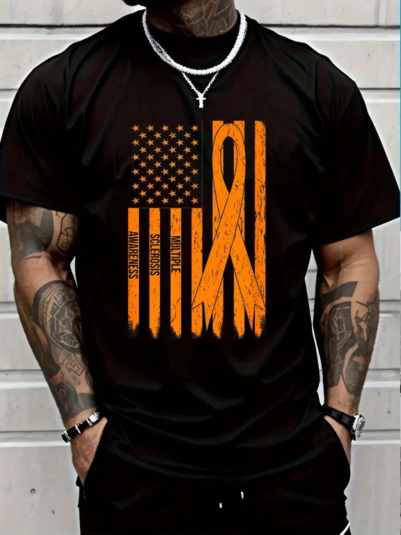 MS Awareness Gift Shirt MS Ribbon And Flag Men's Cotton Crew Neck Graphic Tee Casual Short Sleeve Solid T-Shirt