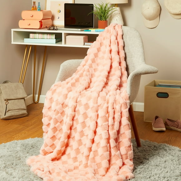 Mainstays By Becky G. & Alejandra Peach Checkered Faux Fur Throw, 50" X 60", Child/Adult