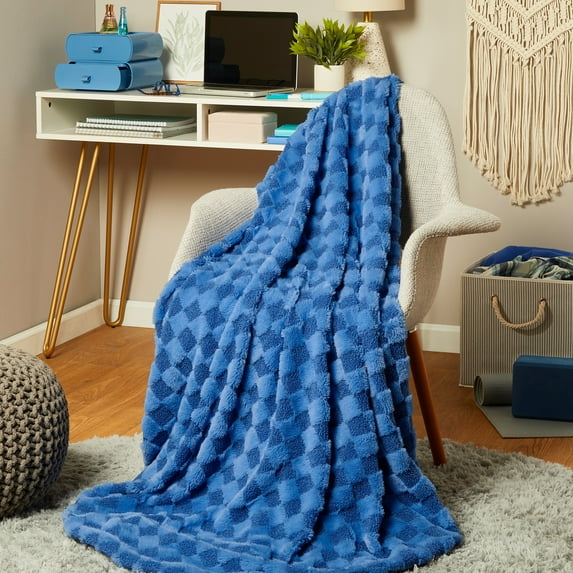 Mainstays By Becky G. & Alejandra Blue Checkered Faux Fur Throw, 50" X 60", Child/Adult