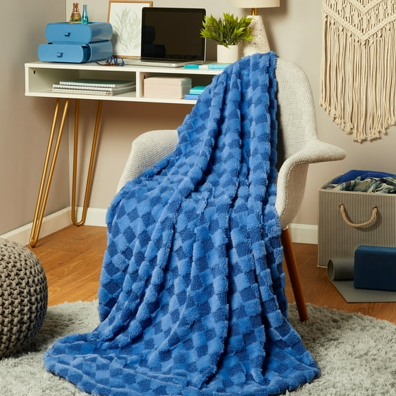 Mainstays By Becky G. & Alejandra Blue Checkered Faux Fur Throw, 50" X 60", Child/Adult