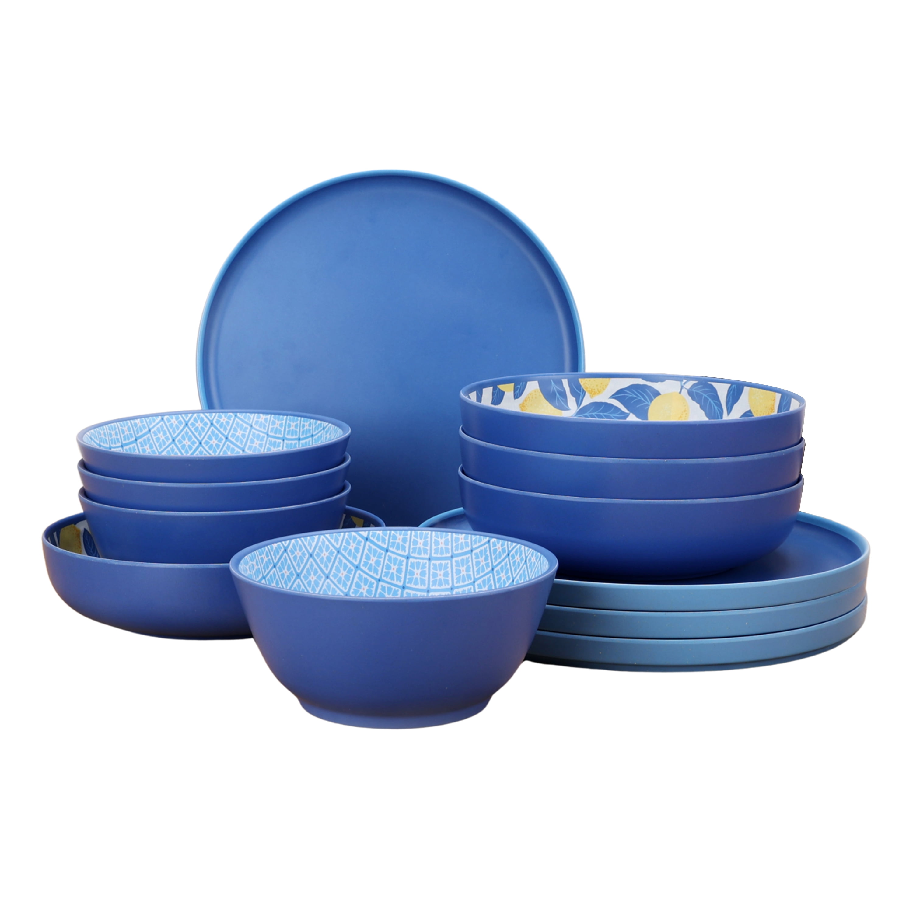 Mainstays by Becky G. & Alejandra Bamboo Melamine 12-Piece Dinnerware Set, Lemon & Blue