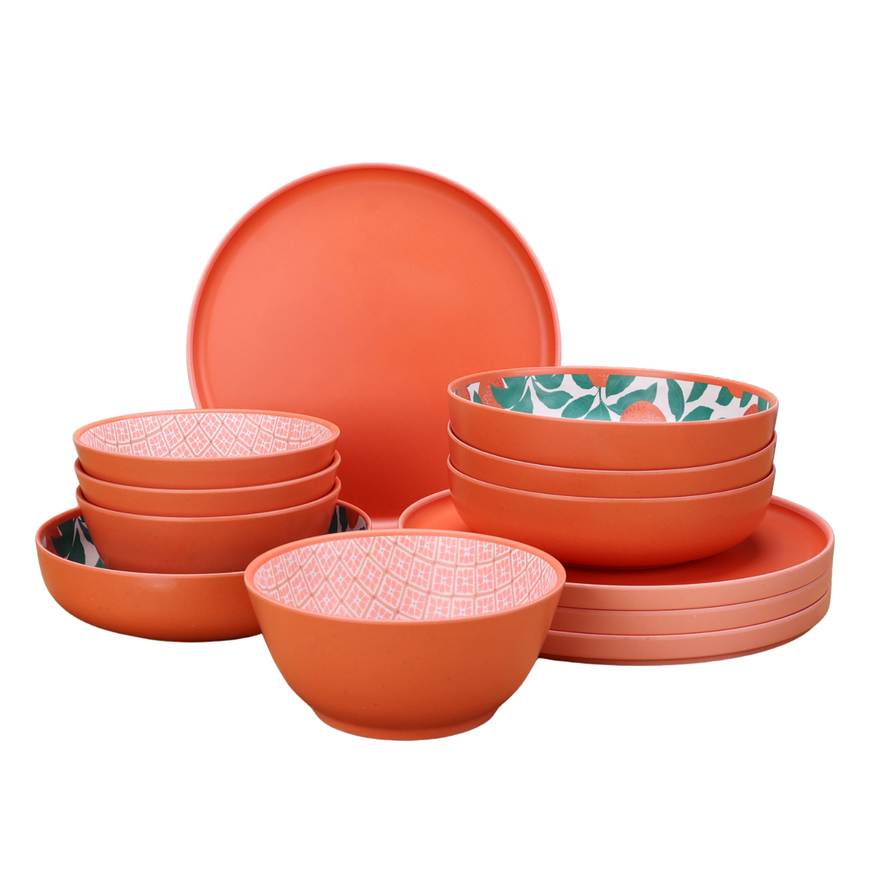 Walmart sales :  Mainstays by Becky G. & Alejandra Bamboo Melamine 12-Piece Dinnerware Set, Orange & Green