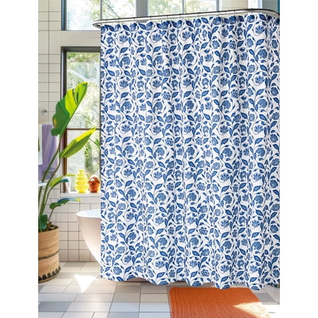 Mainstays by Becky G. & Alejandra 13-Piece White & Blue Floral Fabric Shower Curtain Set