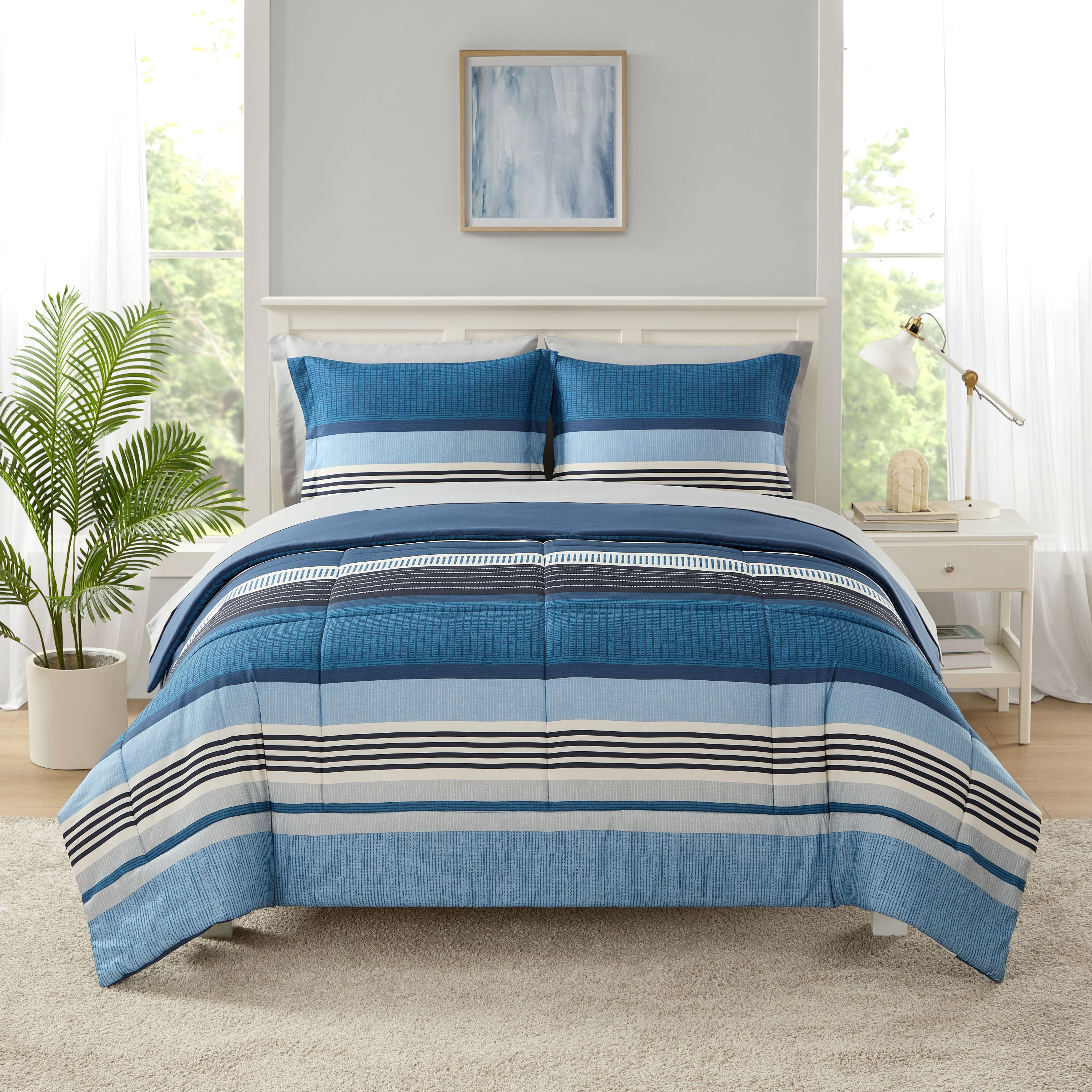 Mainstays All in One Reversible Comforter and Sheet set- 7 Piece, Queen, Blue Stripe