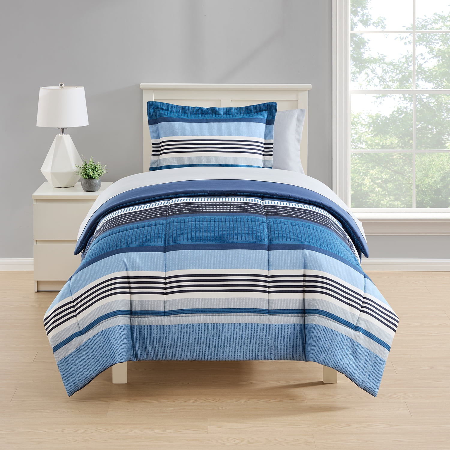 Mainstays All-in-One Reversible Comforter and Sheet Set, 5-Piece, Twin/Twin XL, Blue Stripe