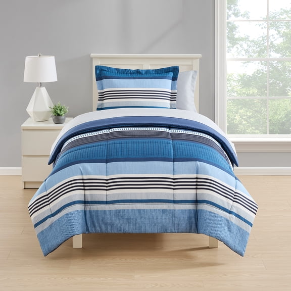 Mainstays All-in-One Reversible Comforter and Sheet Set 5-Piece Twin Blue Stripe