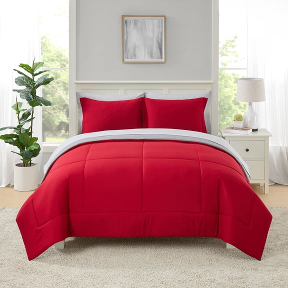 Mainstays All in One Reversible Comforter and Sheet set- 7 Piece, King, Red