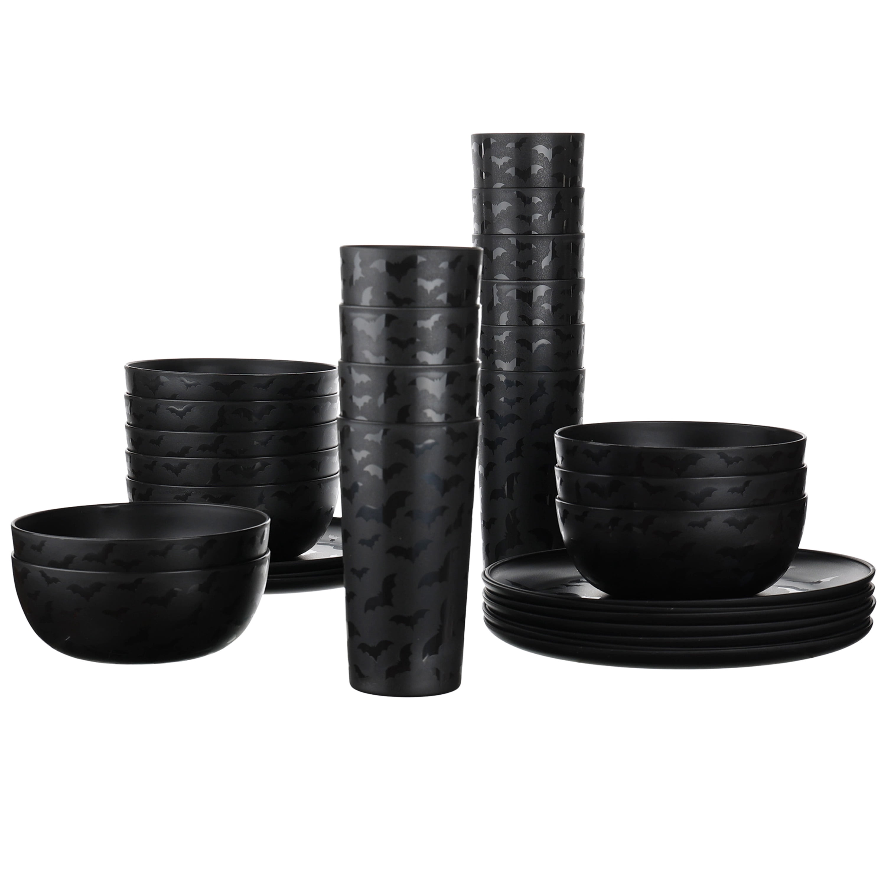 Mainstays 30-Piece Plastic Dancing Bats Dinnerware Set, Black