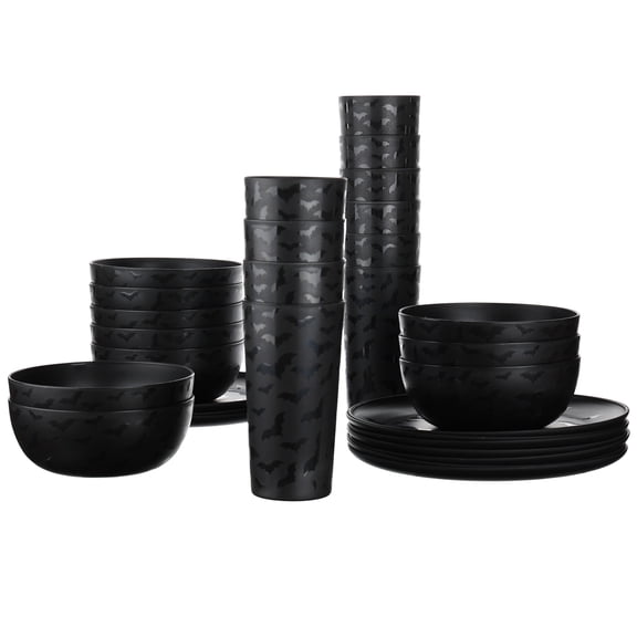 Mainstays 30-Piece Plastic Etched Dancing Bats Dinnerware Set, Black