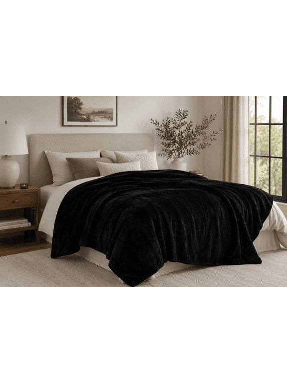 Super Soft Plush Bed Blanket, Black, Full/Queen, 90 in x 90 in