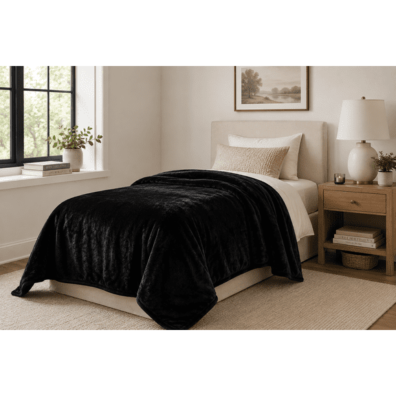 Mainstays Super Soft Plush Bed Blanket, Black, Twin Size, 66 x 90 in