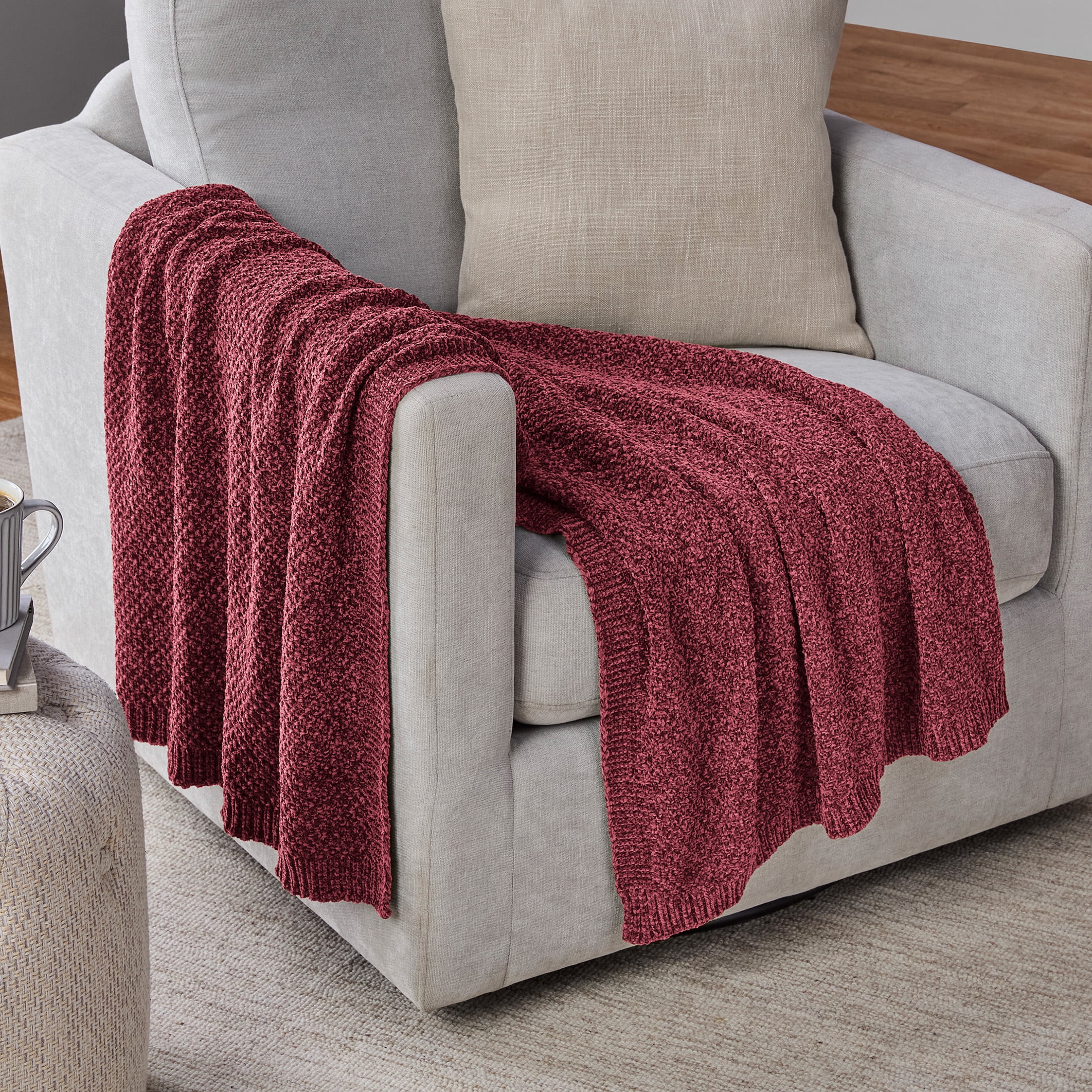 Mainstays Chenille Oversized Couch Throw Blanket, Black Crimson, 50 x 72 in