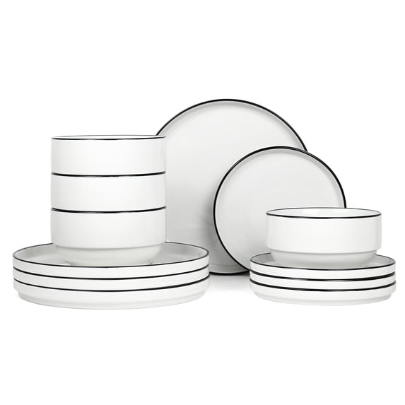 Mainstays 12-Piece Stoneware Dinnerware Set Black Rim
