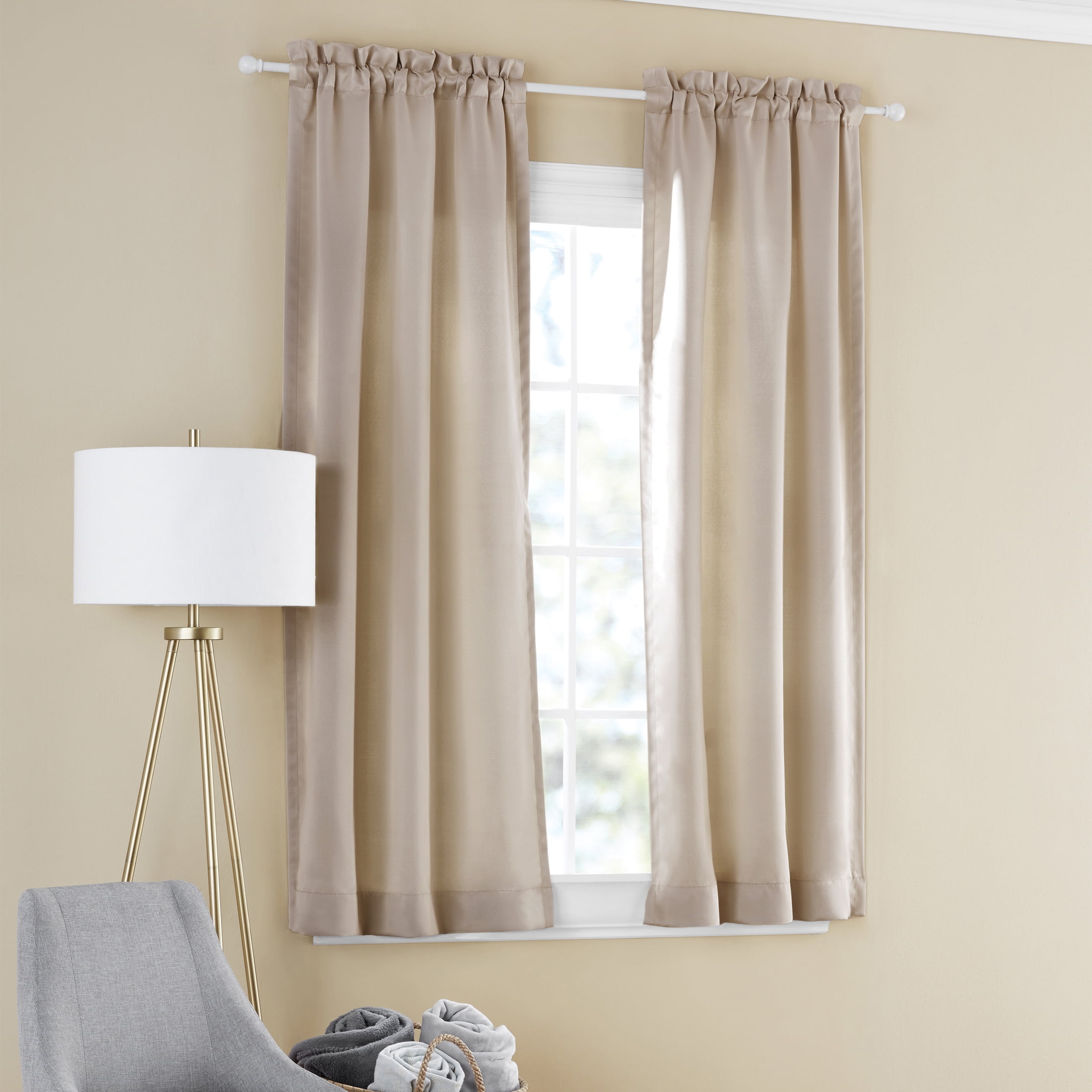Mainstays 2-Piece Solid Beige Rod Pocket Blackout Curtain Set, 30" x 63"