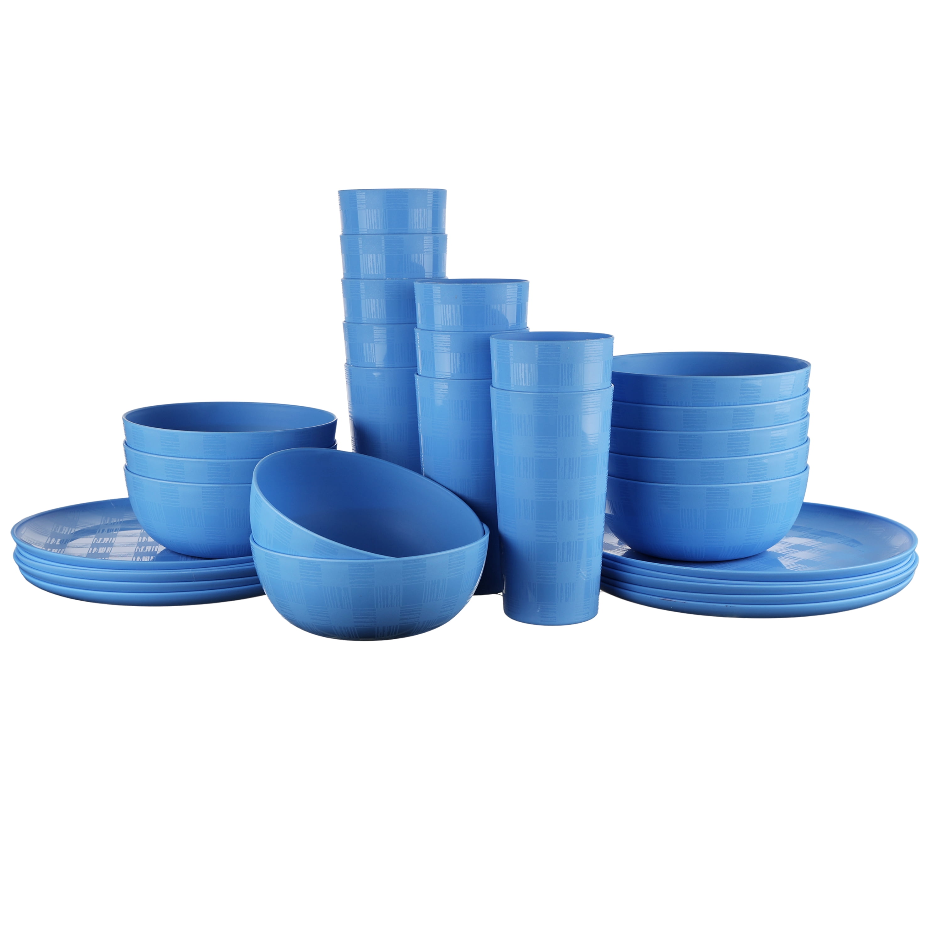 Mainstays 30-Piece Blue Etched Checkered Plastic Dinnerware Set