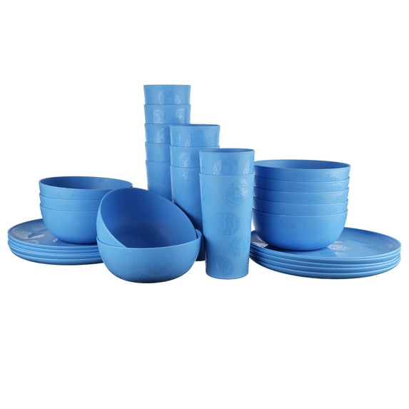 Mainstays 30-Piece Blue Etched Easter Egg Plastic Dinnerware Set, Includes 10 Plates, 10 Bowls, 10 Tumblers