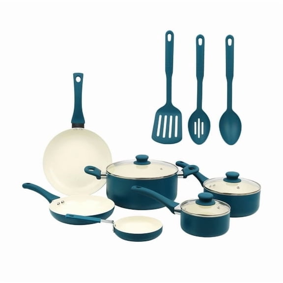 Mainstays 12-Piece Ceramic Nonstick Cookware Set, Aluminum Pots and Pans Kitchen Set, Corsair Blue
