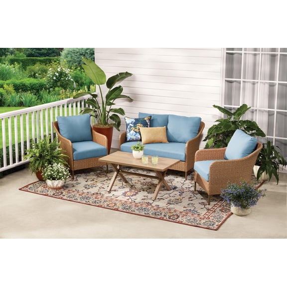 Mainstays Chelsea Outdoor Patio Steel 4-Pieces Deeping Seating Set with Blue Cushions