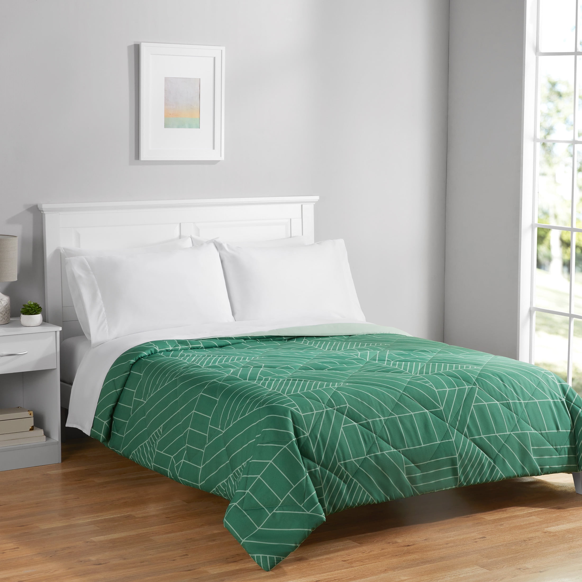 Mainstays Reversible Microfiber Comforter, Full/Queen, Green Geo
