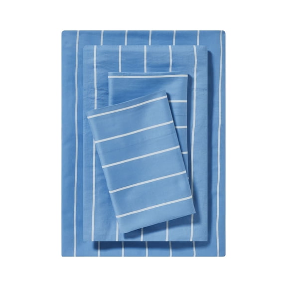 Mainstays 4-Piece 220 Thread Count Blue and White Stripe 100% Peached Cotton Dreamy Soft Bed Sheet Set, Queen