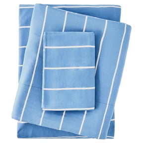 Mainstays 100% Cotton Dreamy Soft 3-Piece Bed Sheet Set, 220 Thread Count Brushed and Washed Sateen, Deep Pocket, Twin/Twin XL, Blue and White Stripe