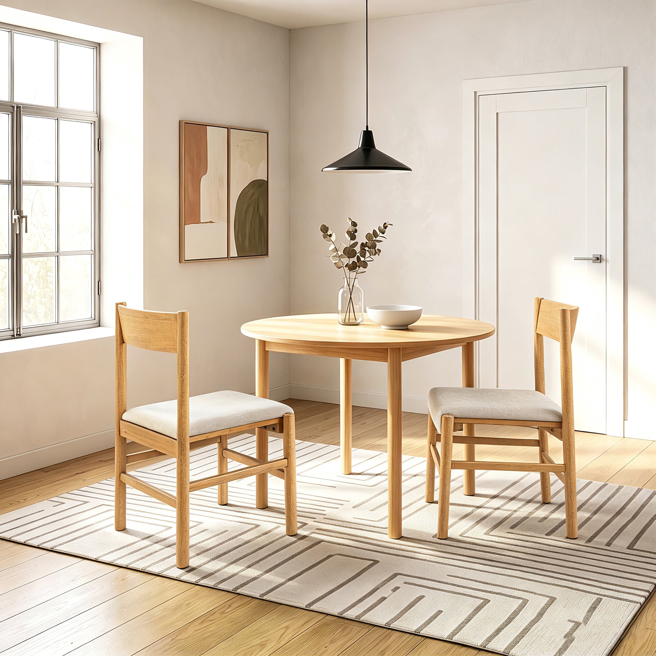 Mainstays Dowel Upholstered Dining Chairs, 2-Pack, Natural Teak Finish with Cream Fabric Seat for Indoor
