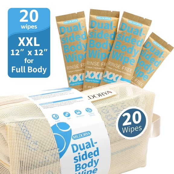 MS.DORYA Rinse Free Ultra Large Thick Body Wet Wipe for Adults Unscented XXL, 20 Pack