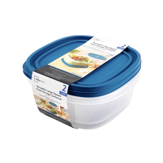 Mainstays Reusable Food Storage Container, Large Square, Plastic 2-Pack, 2 Containers with Lids, 14 Cups, Ideal for Snacks and Meal Prep