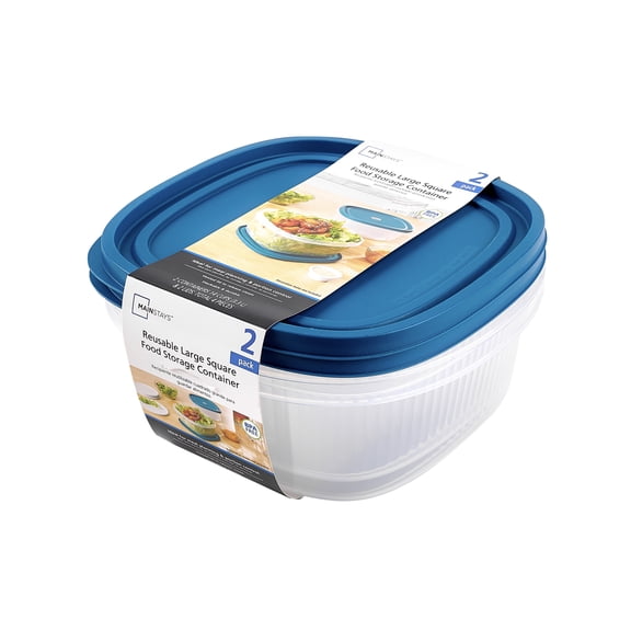 Mainstays Reusable Food Storage Container, Large Square, Plastic 2-Pack, 2 Containers with Lids, 14 Cups, Ideal for Snacks and Meal Prep