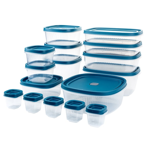 Mainstays Reusable Food Storage Containers Set, Plastic, Multi-Size, 34 Pieces, 17 Containers and 17 Lids