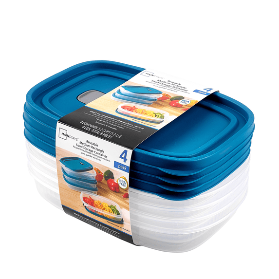 Mainstays Reusable Food Storage Container, Medium Rectangle, Plastic, 4-Pack, 4 Containers with Lids, 5.2 Cups, Ideal for Meal Planning
