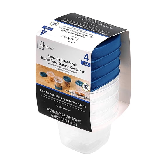 Mainstays Reusable Food Storage Container, Extra-Small Square, Plastic 4-Pack, 4 Containers with Lids, 0.5 Cup, Ideal for Snacks and Sauces