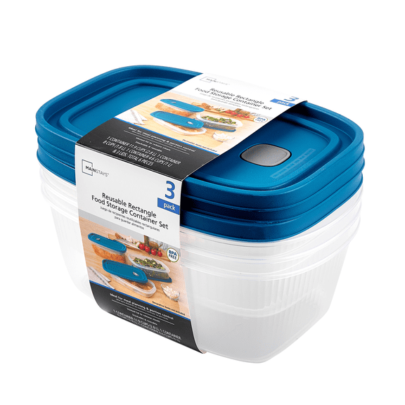 Mainstays Reusable Food Storage Container, Medium Rectangle, Plastic, 6 Pieces – 3 Containers with Lids, Multi Capacity, Ideal for Meal Planning