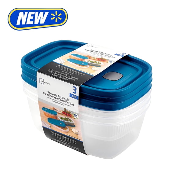 Mainstays Reusable Food Storage Container, Medium Rectangle, Plastic, 6 Pieces – 3 Containers with Lids, Multi Capacity, Ideal for Meal Planning