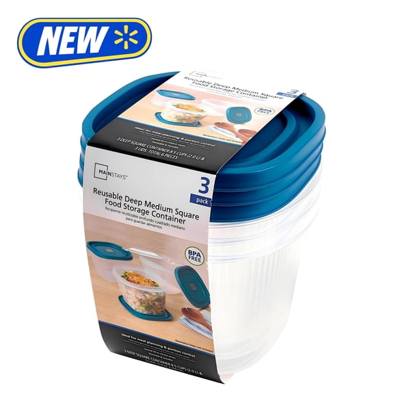 Mainstays Reusable Food Storage Container, Deep Medium Square, Plastic , 3 Pack – 3 Containers with Lids, 8.5 Cups, Ideal for Meal Prep
