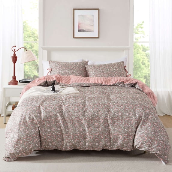 Mainstays Full/Queen Duvet Cover Set, Reversible All-Season, 3-Piece, Green Floral Bowknot