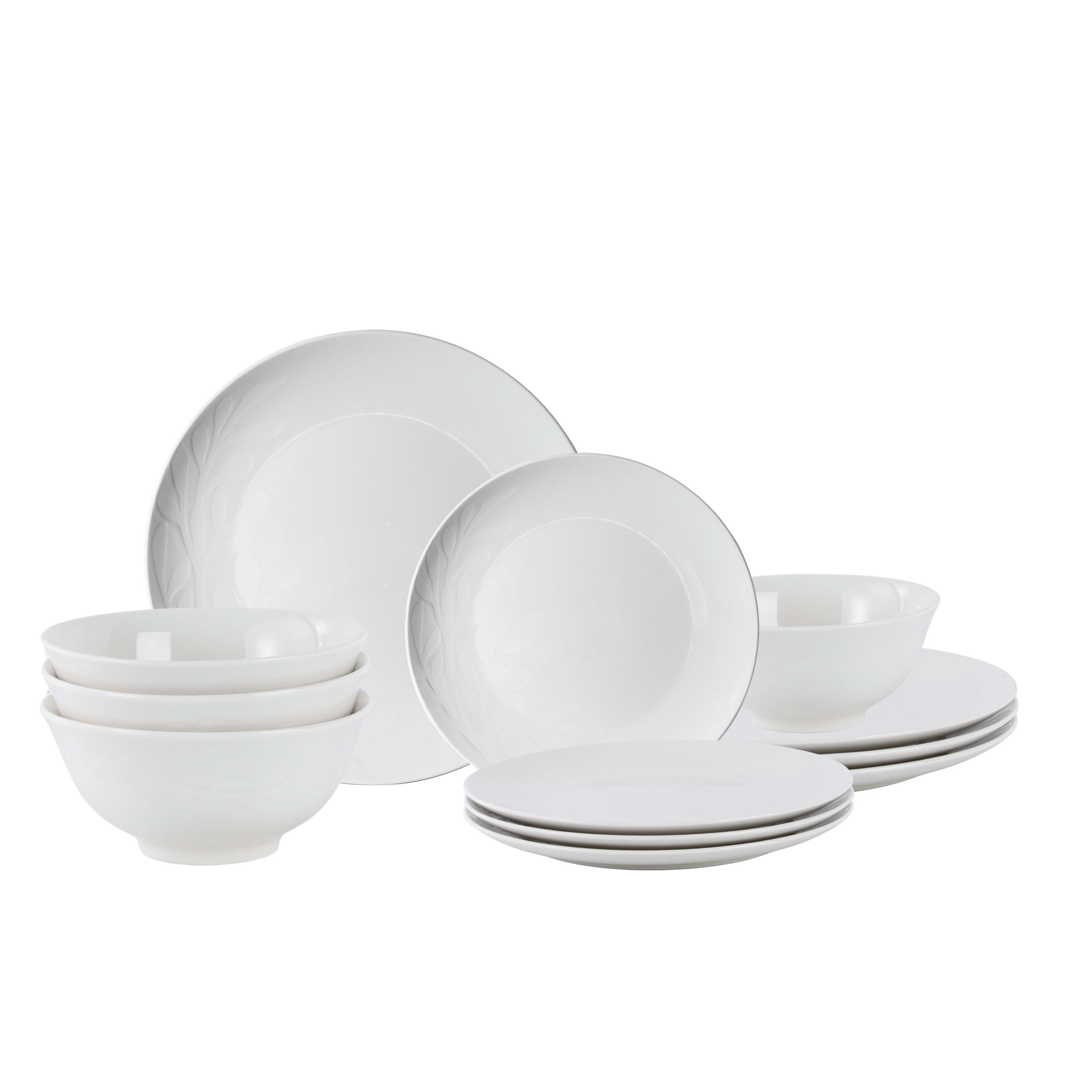 Mainstays Emelie 12-Piece Stoneware Dinnerware Set, White