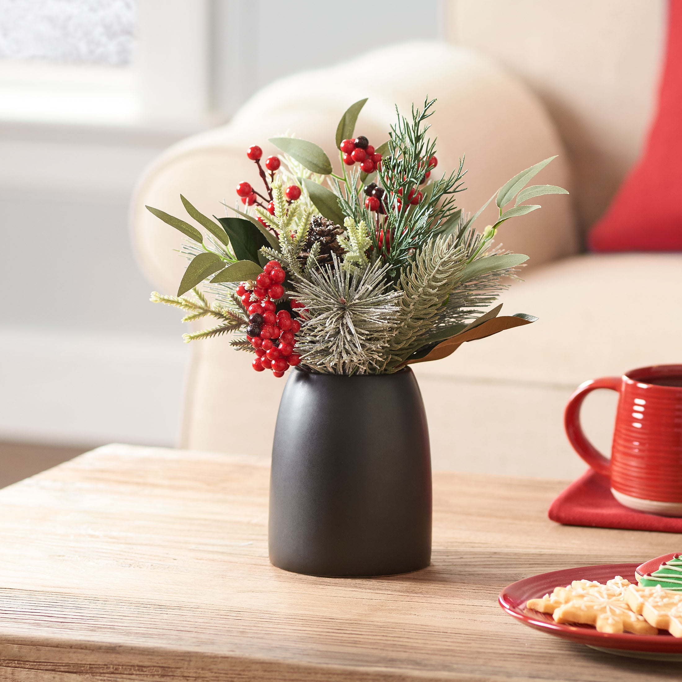 11" Black Ceramic Vase with Artificial Eucalyptus and Pine Arrangement