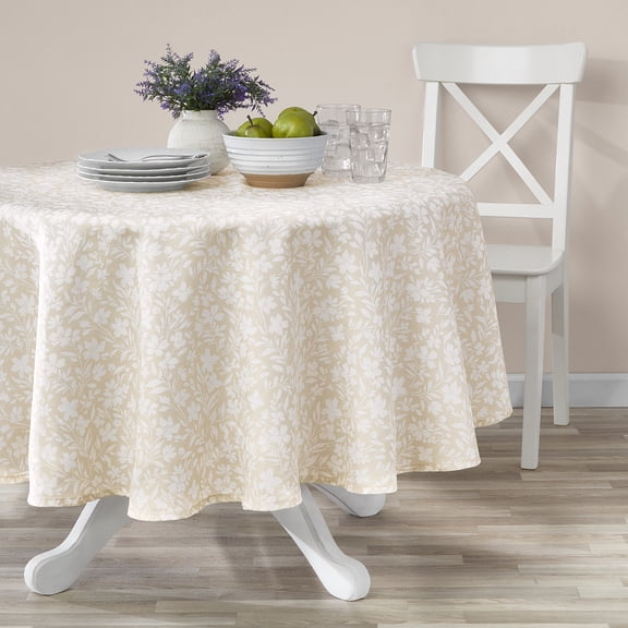 Mainstays Floral Cross Stitch 70” Round Tablecloth - Beige - Cotton & Polyester Blend