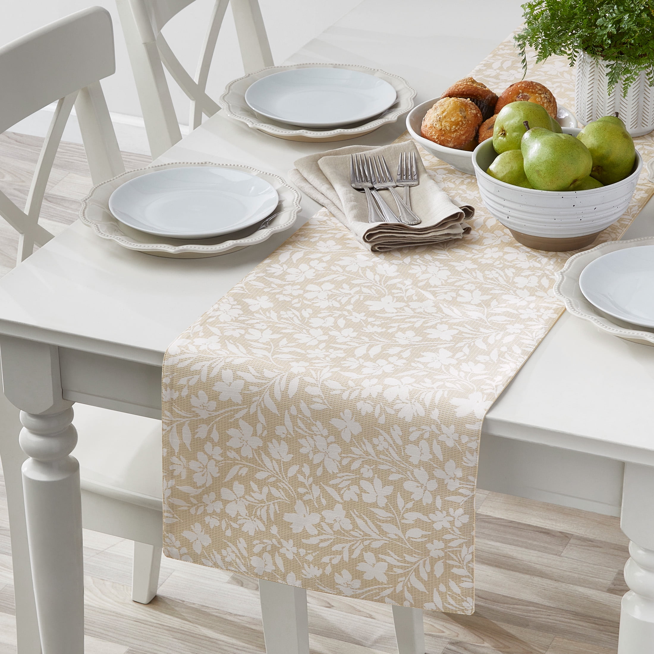 Mainstays Floral Cross Stitch Cotton & Polyester Table Runner - Beige - 14" x 72", 1 Piece