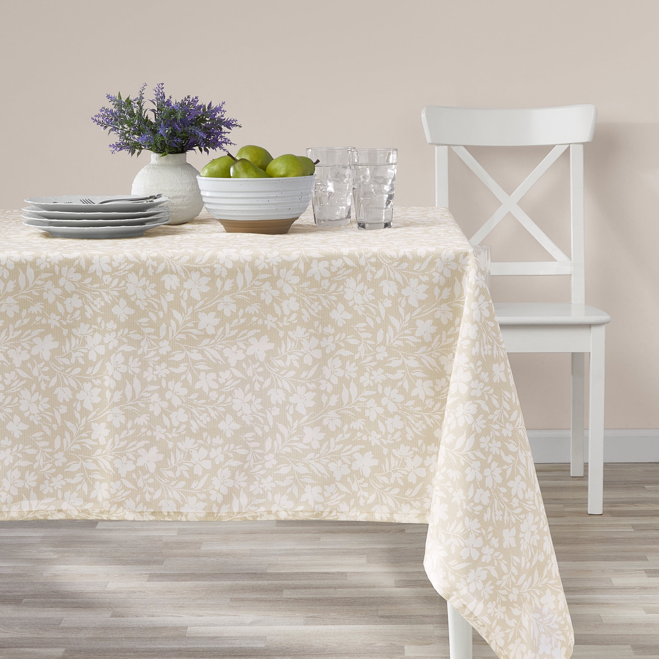Mainstays Floral Cross Stitch 60” x 84" Tablecloth - Beige - Cotton & Polyester Blend