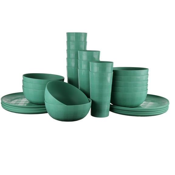 Mainstays 30-Piece Green Etched Checkered Plastic Dinnerware Set, Includes 10 Plates, 10 Bowls, 10 Tumblers