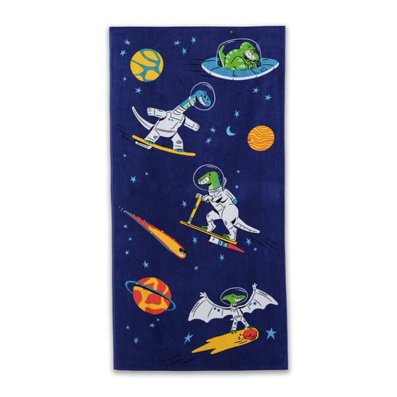 Mainstays Kids Space Dinosaur Beach Towel 30 x 60 Inches, Cotton and Recycled Polyester