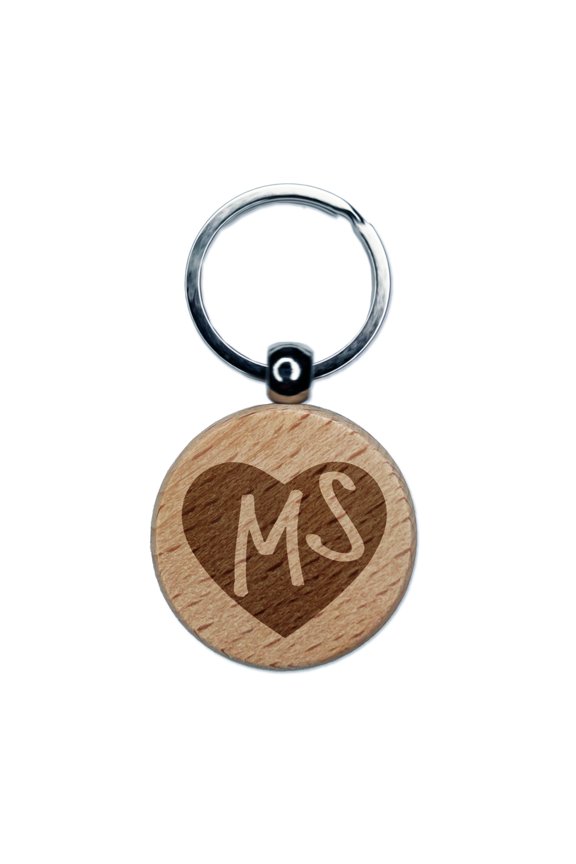 MS Mississippi State in Heart Round Keychain Charm Tag - Engraved Wood