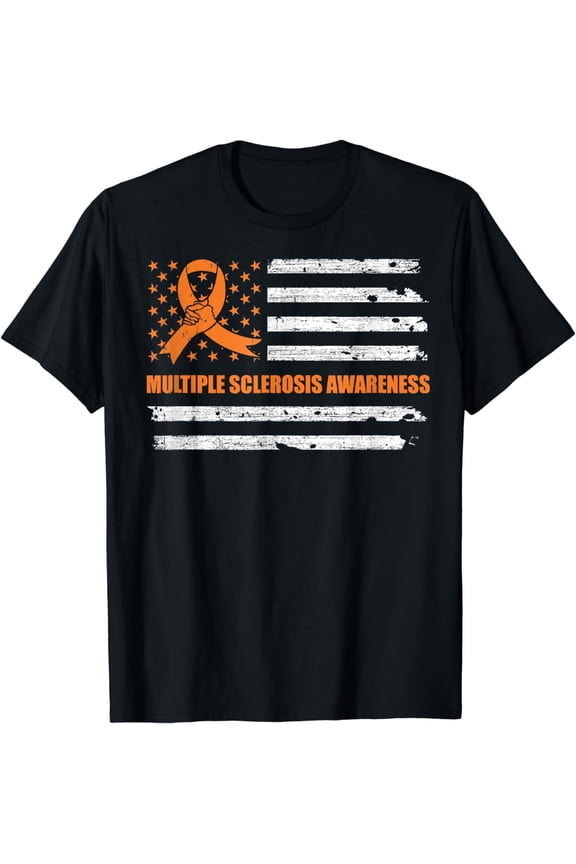 MS Multiple Sclerosis Awareness Orange Ribbon US Flag T-Shirt