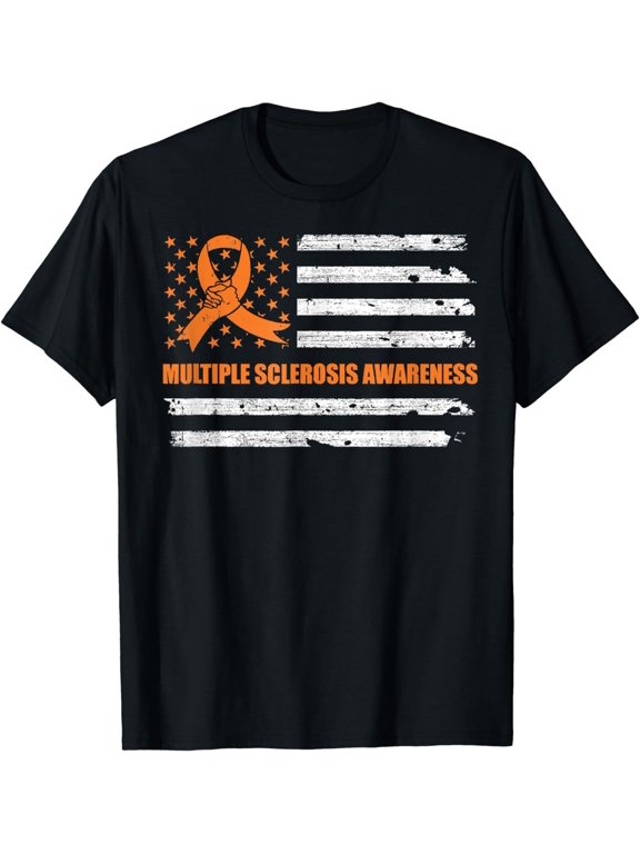 MS Multiple Sclerosis Awareness Orange Ribbon US Flag T-Shirt