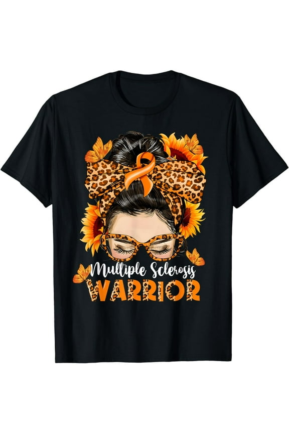 MS Multiple Sclerosis Warrior Awareness Orange Messy Bun T-Shirt