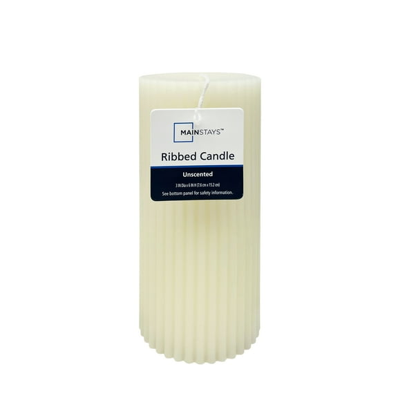 Mainstays Unscented Ribbed Pillar Candle, 3 inches x 6 inches Height, Ivory