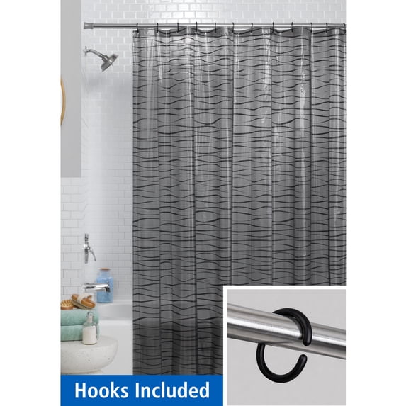 Mainstays 13-Piece Shower Set: Waterproof Oasis Striped PEVA Shower Curtain and 12 Hooks, Black
