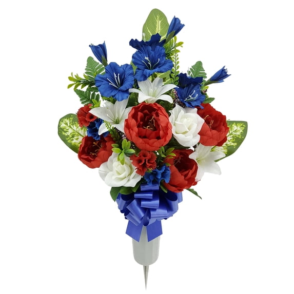 Mainstays 28 in Outdoor Artificial Floral Vase, Red Peony, White Rose and Blue Delphinium